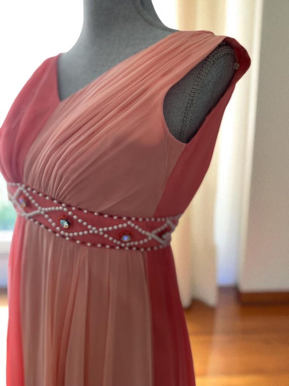 1960s Chiffon Bridesmaid Dress: Coral Peach Pearl Beaded Waist, Size S