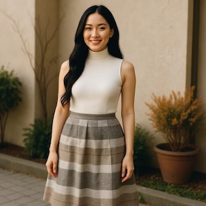 Vintage Wool Tartan Plaid Skirt: 1970s Grey Brown Maxi, Size L
