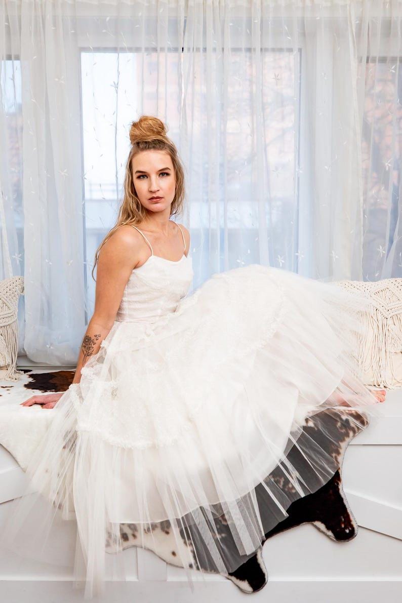 1950s Lace Tulle Wedding Dress: Tea-Length Bridal Gown, Size XS