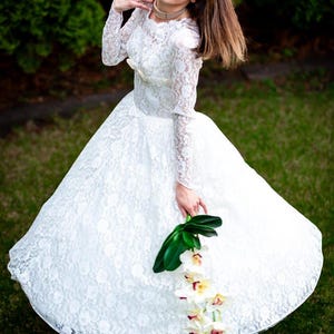Vintage 1950s 60s Lace Tulle Taffeta  Ivory/Off-White Dress, 60s Long Sleeve High Neck Full Dress, Romantic Retro Bridal Gown, Size XS