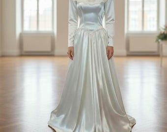 1940s Ivory Satin Wedding Dress: Vintage Lace Trim Bridal Gown, Size S