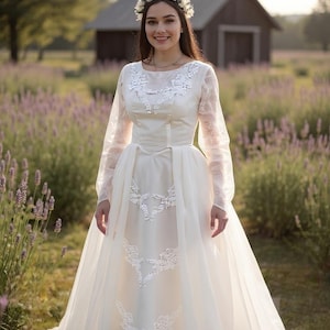 1950s Lace Wedding Dress: High Neck Long Sleeve Bridal Gown, Size L