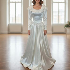 1940s Ivory Satin Wedding Dress: Vintage Lace Trim Bridal Gown, Size S
