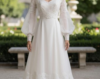 Vestido de noiva vintage em chiffon e renda: mangas bufantes, corte em A, tamanho M/G