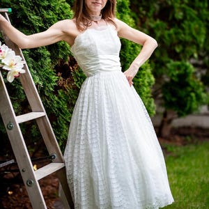 Vintage 1950's Lace Tulle Taffeta WEDDING Dress, Sleeveless Wedding DRESS with Bolero Jacket, 50s White Bridal Reception Dress, Size Small