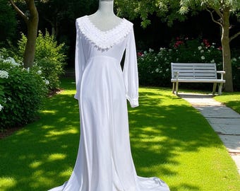 Vestido de novia bohemio de los años 70 con cola: aplique de encaje floral, talla grande