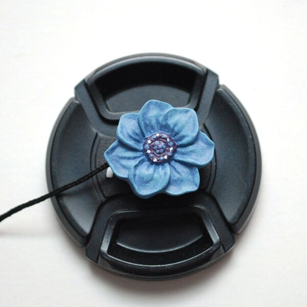 Lens Cap Leash- Camera Accessories - Photographer Gift - Blue Flower