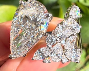 Pear Cut Lab Diamond Cocktail Ring: Floral Yellow Gold Statement
