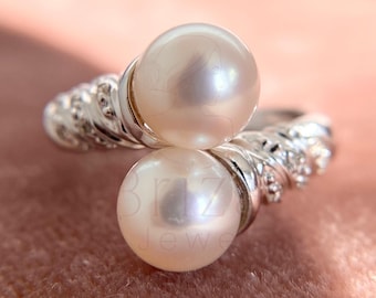 Double Pearl Sterling Silver Ring: Elegant Adjustable Statement Jewelry