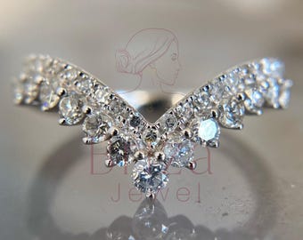 White Gold Diamond Chevron Ring: Curved Wedding Band, Bridal Jewelry