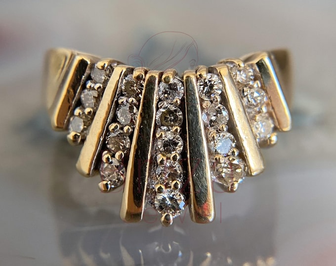 Featured listing image: Vintage 14K Gold Diamond Ring: Art Deco Fan Cluster Statement