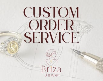 Puede incluir: Imagen que presenta un servicio de diseño de joyas a medida. Se muestra un anillo de diamantes con una piedra central amarilla junto a un lápiz de joyero. Las palabras "CUSTOM ORDER SERVICE" se muestran en borgoña. También se muestra el logotipo de Briza Jewel.