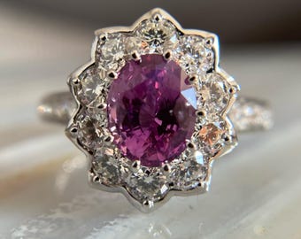Anillo de zafiro rosa con halo de diamantes / Regalo de compromiso de lujo y joyería fina
