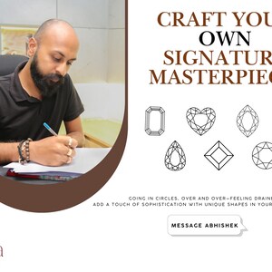 May include: An image promoting jewelry design with the text "CRAFT YOUR OWN SIGNATURE MASTERPIECE." It features a person writing and various gemstone shapes. The Briza Jewel logo is in the bottom left.