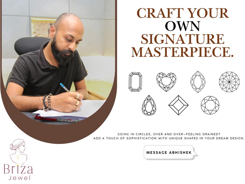 May include: An image promoting jewelry design with the text "CRAFT YOUR OWN SIGNATURE MASTERPIECE." It features a person writing and various gemstone shapes. The Briza Jewel logo is in the bottom left.