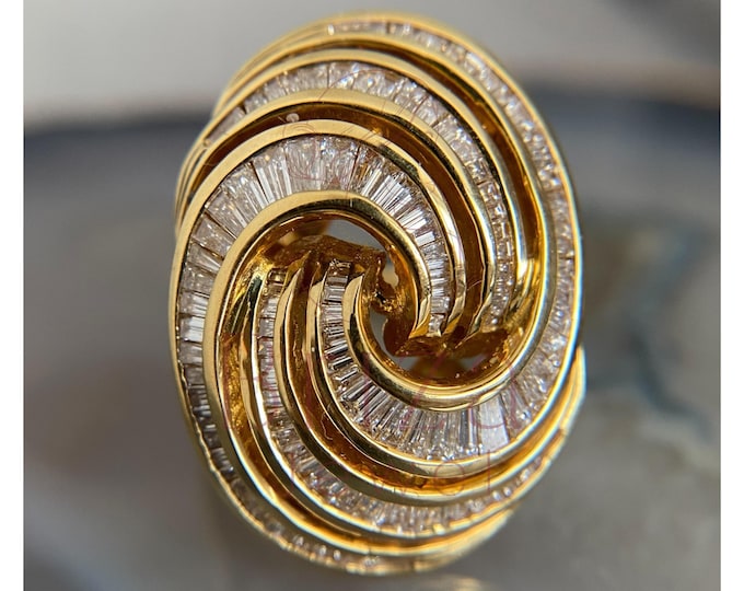 Featured listing image: 18K Gold Baguette Diamond Cocktail Ring: Vintage Swirl Statement