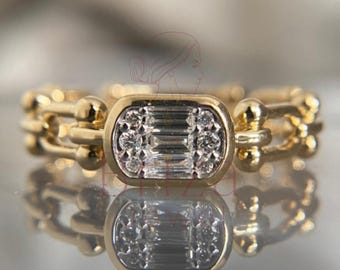 14K Gold Baguette Lab Diamond Chain Ring: Geometric Statement Band