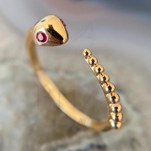 Gold Snake Wrap Ring – Minimalist Serpent Ring with Ruby Eyes, Adjustable Open Ring, Dainty Statement Jewelry