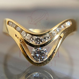 14K Gold Wave Diamond Ring: Modern Chevron Engagement Band