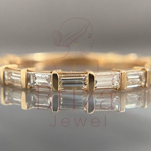 14K Gold Baguette Lab Diamond Eternity Band Ring: Minimalist Stackable Wedding Band