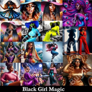Op de afbeelding: Een digitale kunstset genaamd "Black Girl Magic" met 15 PNG-afbeeldingen. De afbeeldingen tonen illustraties van zwarte vrouwen in diverse outfits en omgevingen. De set bevat een verscheidenheid aan kleuren en artistieke stijlen.