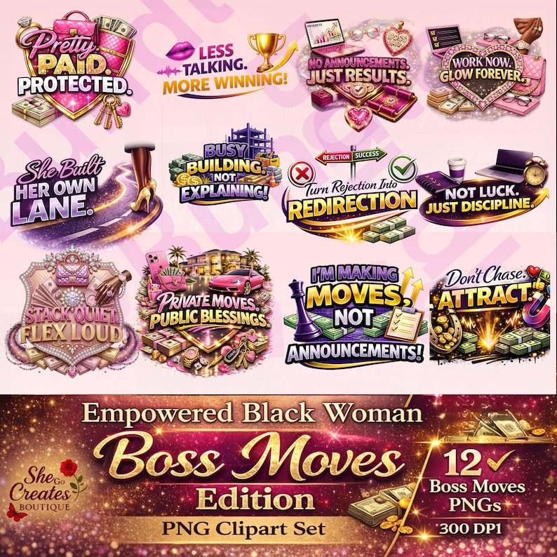 Making Boss Moves Empowered Black Woman PNG Bundle – Boss Moves Edition (12 Clipart ...