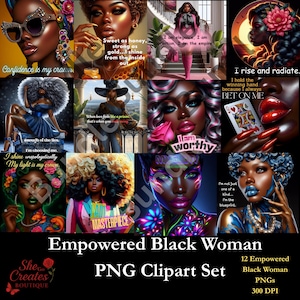Pu&ograve; includere: Un set di clipart PNG di arte digitale con 12 ritratti di donne nere emancipate. Ogni ritratto mostra stili, citazioni e colori vivaci unici, tra cui rosa, blu e oro. Il set include il testo "Empowered Black Woman PNG Clipart Set."