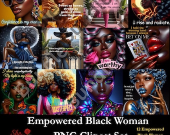 Empowered Black Woman Affirmations PNG Bundle - 12 Digital Clipart Images | Afrocentric Art | Instant Download | Social Media & Planner Use