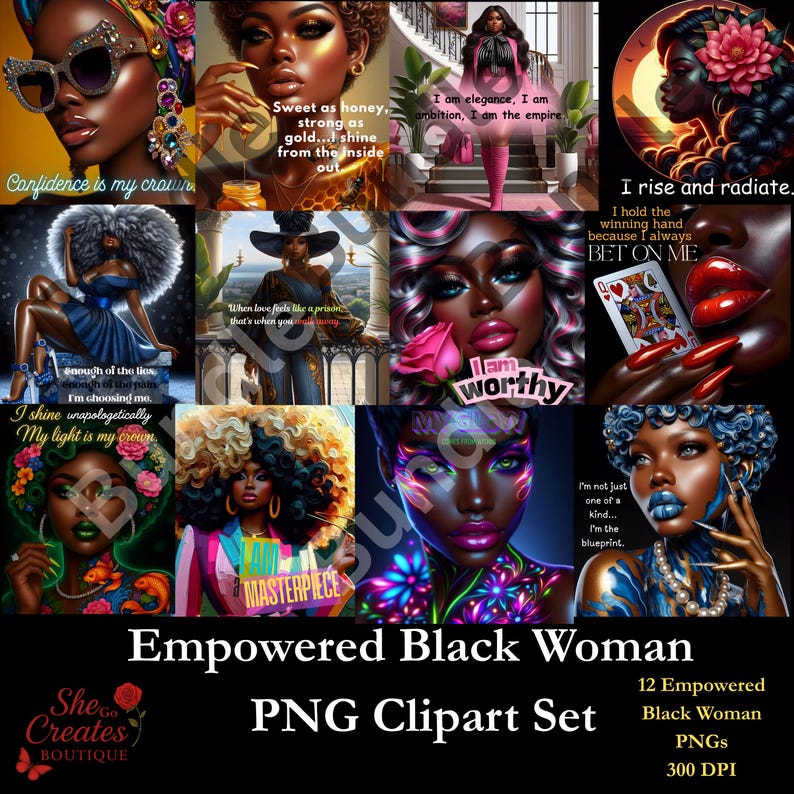 Pu&ograve; includere: Un set di clipart PNG di arte digitale con 12 ritratti di donne nere emancipate. Ogni ritratto mostra stili, citazioni e colori vivaci unici, tra cui rosa, blu e oro. Il set include il testo "Empowered Black Woman PNG Clipart Set."