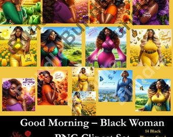 Afrocentric Black Woman Clipart: Good Morning PNG Bundle (Digital Download)