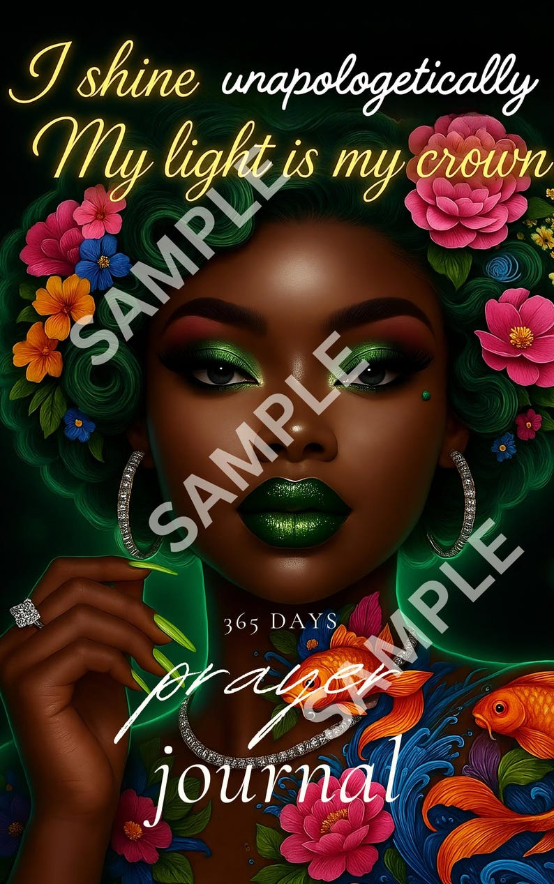 Pu&ograve; includere: Illustrazione digitale di una donna con trucco verde e fiori tra i capelli. L'immagine include il testo "I shine unapologetically, My light is my crown" e "365 days prayer journal."