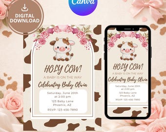 Cow Baby Shower Bundle Template, Holy Cow Baby Shower, Editable Canva Invitation Set, Girl Baby Shower Games, Here Comes The Herd, Pink Cow