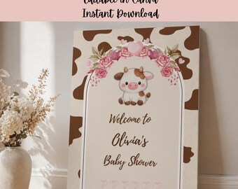 Cow Baby Shower Welcome Sign Template | Editable Canva Welcome Sign | Farm Baby Shower Sign | 16x20 Printable | Girl Baby Shower