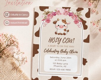 Holy Cow Baby Shower Invitation Template, Cow Print Baby Shower Invite, Editable Canva Invitation, Girl Baby Shower, Farm Baby Shower Invite