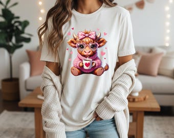 Cute Cow Valentine Shirt, Comfort Colors Graphic Tee, Cozy Aesthetic Cow Shirt, Coffee Lover Gift, Valentine’s Day Tee