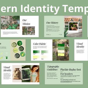 Könnte beinhalten: Eine Präsentationstafel mit dem Titel "Modern Identity Template" mit verschiedenen Designelementen. Das Design enthält den Text "All Green", "Our Mission", "Our History", "Icon Design", "Color Palette" und "Visual Identity". Das Farbschema ist hauptsächlich grün und weiß.