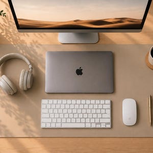 Könnte beinhalten: Eine beige Schreibtischunterlage mit einem grauen Laptop mit Apple-Logo, einer weißen kabellosen Tastatur, einer weißen Computermaus, beigen Over-Ear-Kopfhörern, einem goldenen Stift und einer weißen Keramiktasse mit schwarzem Kaffee auf Holz.
