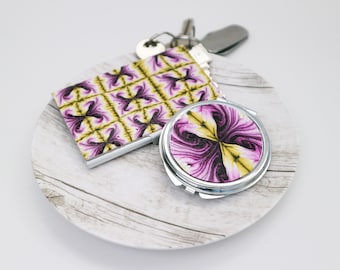 Vanity Set, Pocket Mirror, Business Card Holder, Purple & Yellow Design