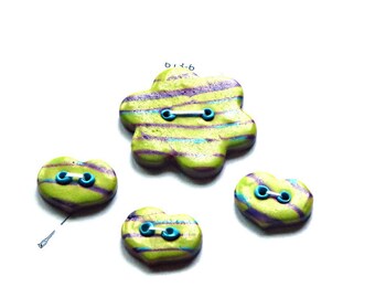Green and Purple Buttons, Flower Heart Buttons, Large Flower Buttons , Small Heart Buttons