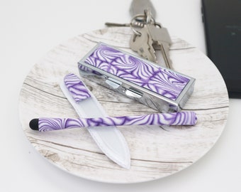 Manicure Set, Crystal Nail File, Phone Stylus, Pill Box, Purple & White