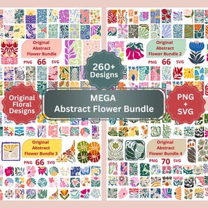 Könnte beinhalten: Eine Sammlung farbenfroher Blumendesigns in verschiedenen Stilen. Das Bild enthält den Text "MEGA Abstract Flower Bundle" und "Original Floral Designs". Das Bundle enthält PNG- und SVG-Dateien.