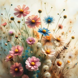 Set di clipart di fiori selvatici stravaganti - 7 JPG acquerellati + ritratto bonus, 300 DPI, download digitale floreale, stampa artistica floreale, uso commerciale