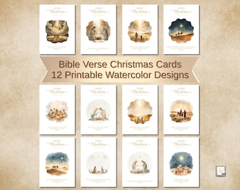 Könnte beinhalten: Eine Sammlung von zwölf druckbaren Weihnachtskarten mit Aquarelldesigns. Jede Karte zeigt ein einzigartiges Design mit religiösen Themen, darunter Krippenszenen und biblische Bilder. Die Karten tragen den Schriftzug "Merry Christmas" in Gold.