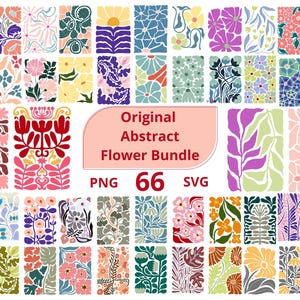 Può includere: Una collezione di 66 disegni floreali astratti in vari colori, tra cui rosa, viola, giallo e verde. I disegni sono disposti in una griglia, con ogni quadrato che presenta un motivo floreale unico. Il testo recita "Original Abstract Flower Bundle PNG 66 SVG."