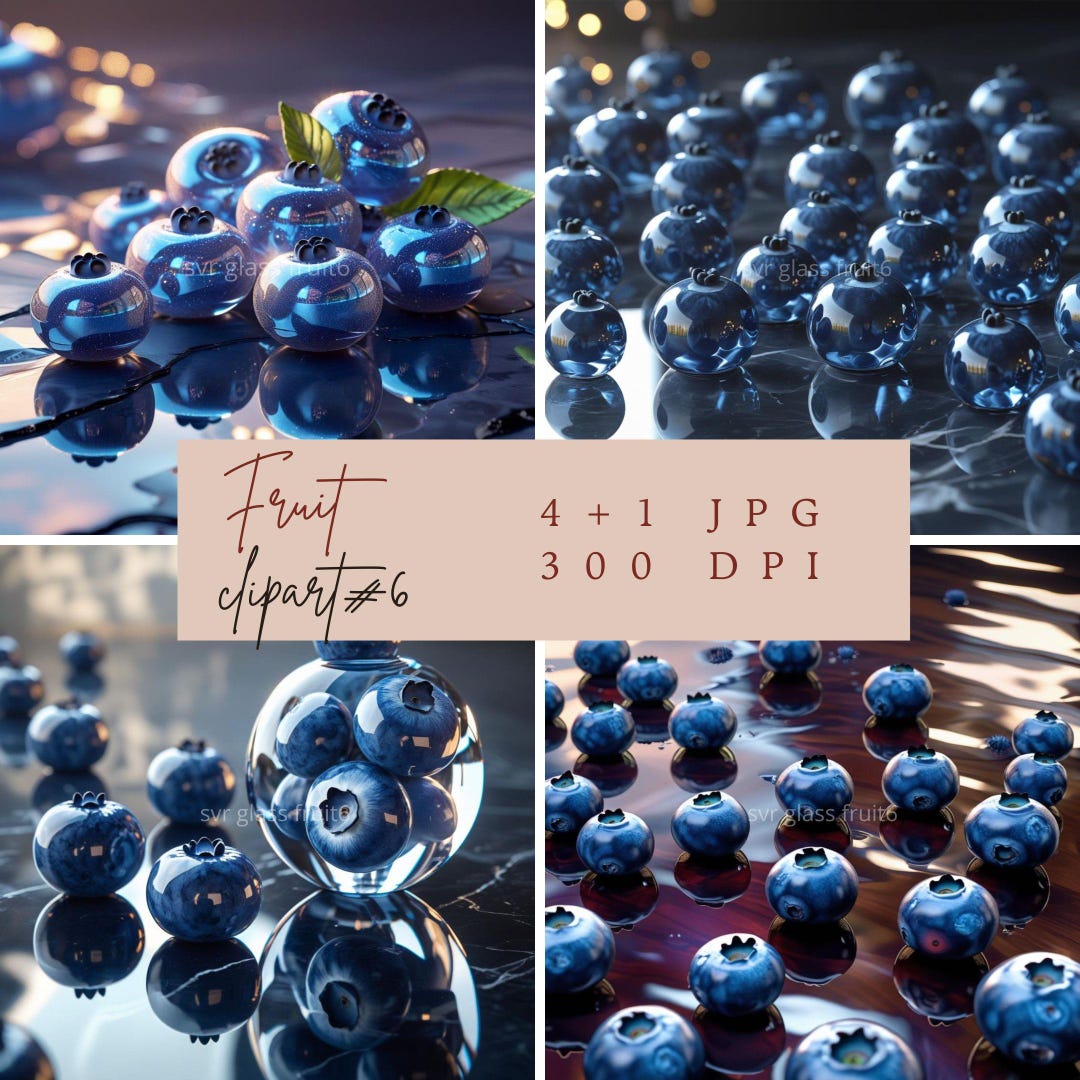 Printable Glass Blueberry Art, Modern Fruit 4+1 Bundle, Digital Print ...