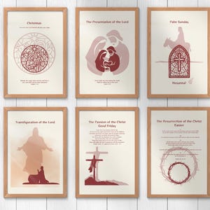 May include: Six framed religious art prints. Each print features a minimalist design with text. Titles include "Christmas," "The Presentation of the Lord," "Palm Sunday," "Transfiguration of the Lord," "The Passion of the Christ Good Friday," and "The Resurrection of the Christ Easter."