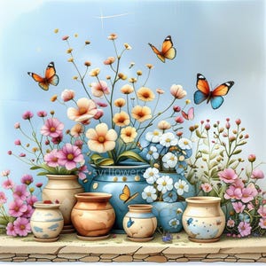 Vaso di fiori e farfalle pastello stampabile - Set di 7 stampe + decorazioni digitali bonus, stampe primaverili, stampe per camerette femminili, uso commerciale