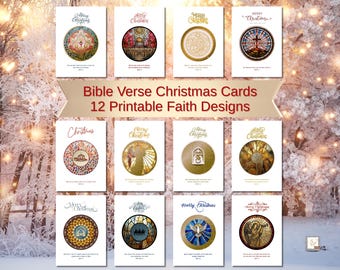 Könnte beinhalten: Zwölf druckbare Weihnachtskarten mit Buntglasdesigns und den Worten "Merry Christmas". Die Karten zeigen religiöse Bilder und Bibelverse. Der Text "Bible Verse Christmas Cards" und "12 Printable Faith Designs" ist ebenfalls sichtbar.
