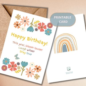 Tarjeta de cumpleaños floral retro imprimible, tarjeta de cumpleaños para mujer, tarjeta de cumpleaños Bloom para ella, tarjeta de cumpleaños floral, tarjeta de cumpleaños caprichosa para mujer