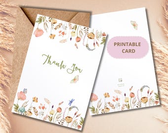 Wildflower Thanks Card: Watercolor Floral Note Card-For-Her (Printable Digital Download)